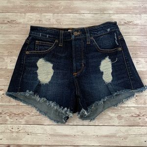 Guess Jeans Dark Wash Distressed Cut Off Raw Hem High Waisted Denim Shorts